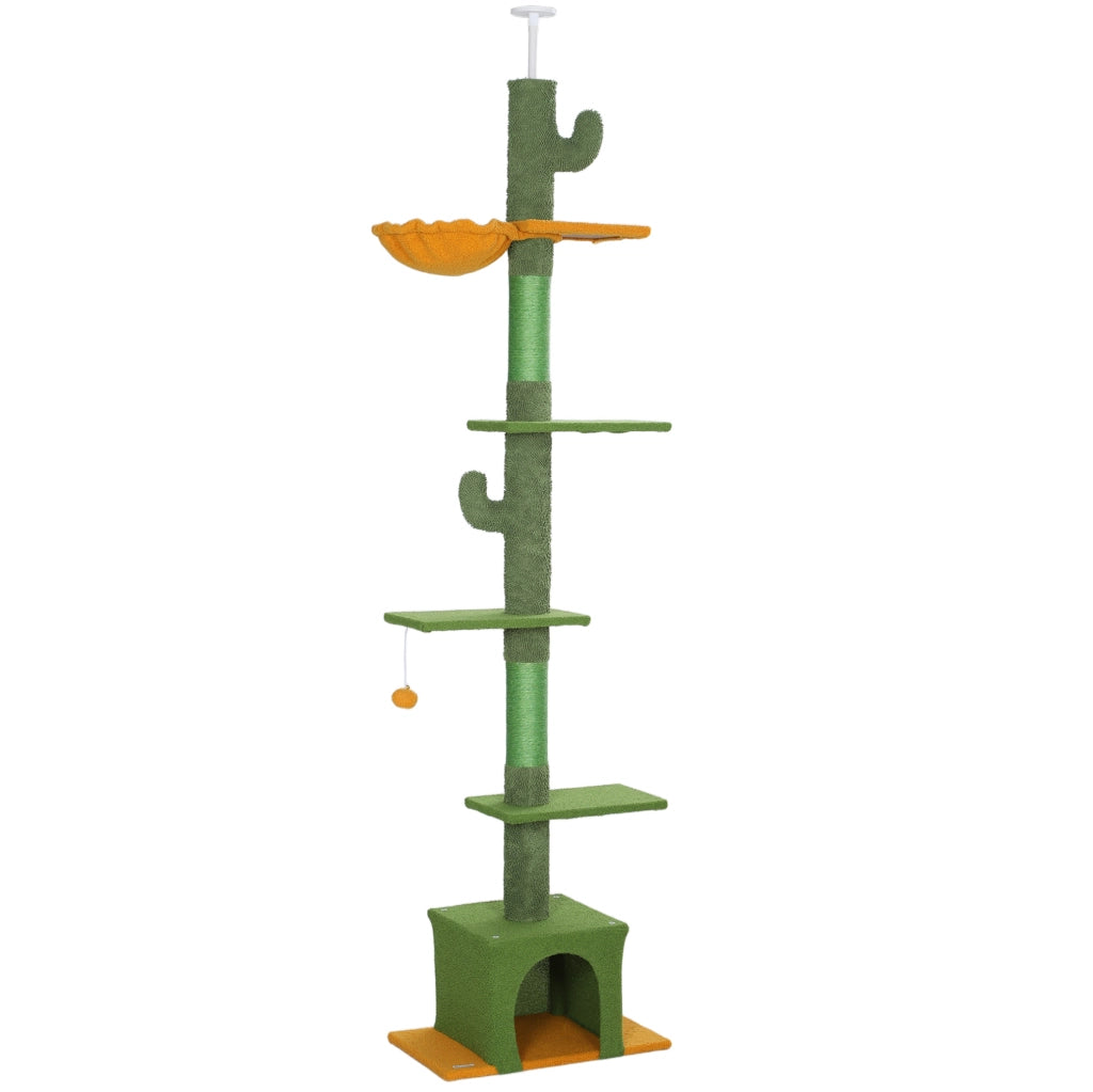 Tiragraffi da soffitto regolabile verde con cuccia, amaca e piattaforme per gioco e riposo