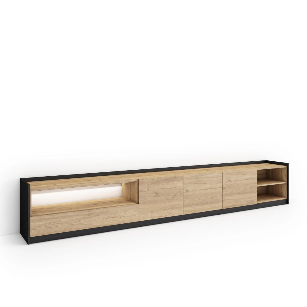 Mobile TV Soggiorno, 310x50x37 cm, Per TV fino a 80", LED, Rovere e nero