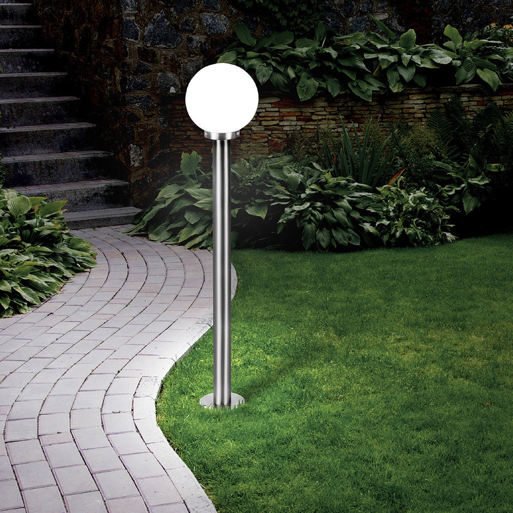 Lampione Esterno Contemp Nisia Acciaio Argento Vetro Bianco 1 Luce E27 100Cm