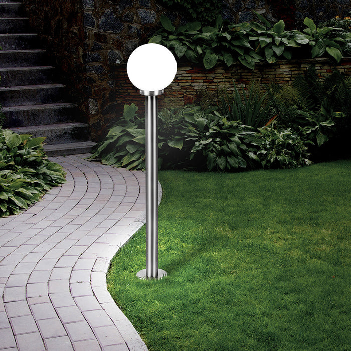 Lampione Esterno Contemp Nisia Acciaio Argento Vetro Bianco 1 Luce E27 100Cm