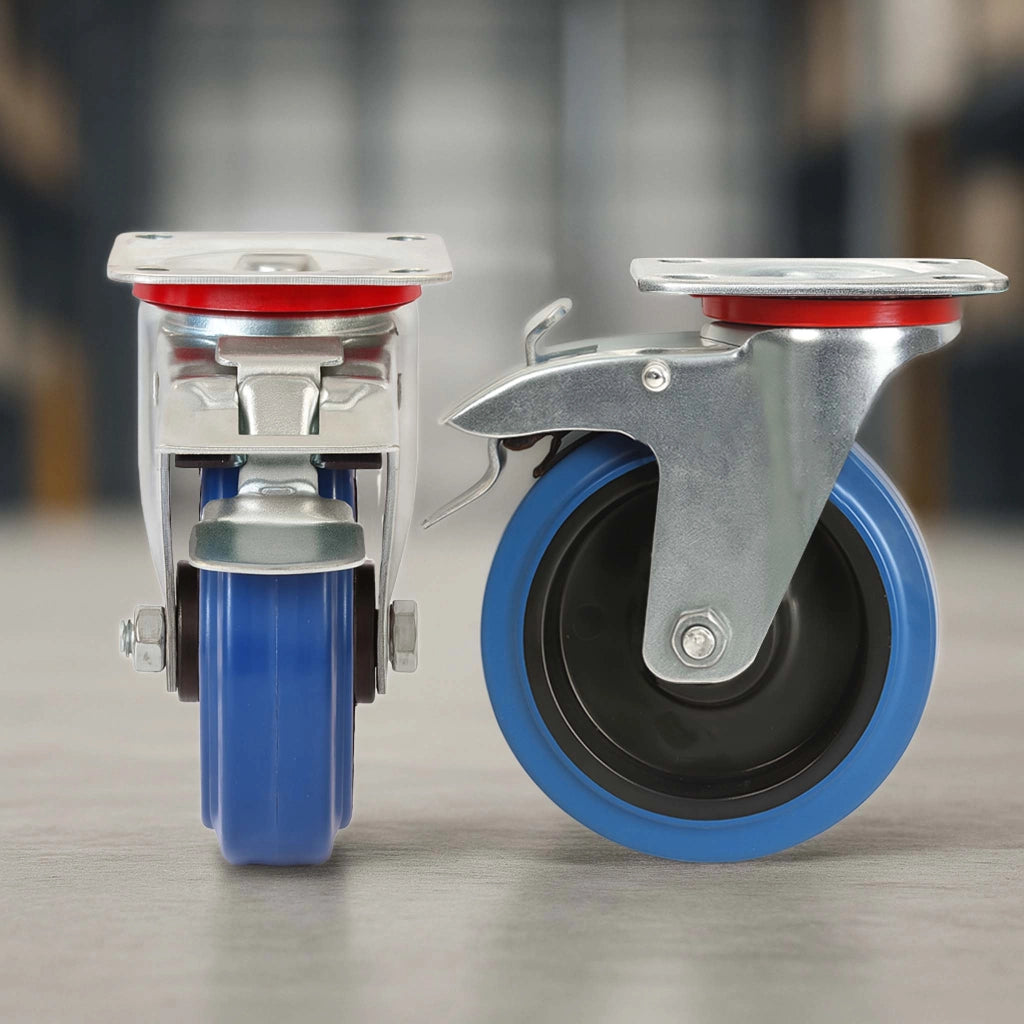 Set 2 ruote girevoli con freno, per trasporto, 200mm, plastica e gomma, max 350 kg a rotella
