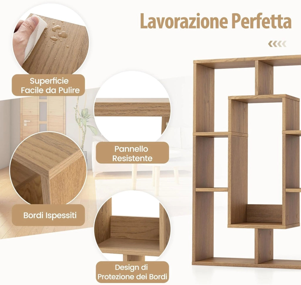 Libreria in Legno, Scaffale Aperto Geometrica a 7 Cubi, Scaffale da Esposizione con Dispositivo Anti-Ribaltamento, per Ufficio Soggiorno Camera da Letto, 60x20x90 cm (Naturale)