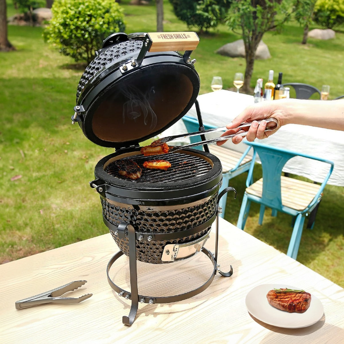Kamado BBQ Grill 33cm Nero Ceramica Mini Forno Barbecue a Uovo Carbonella Affumicatore