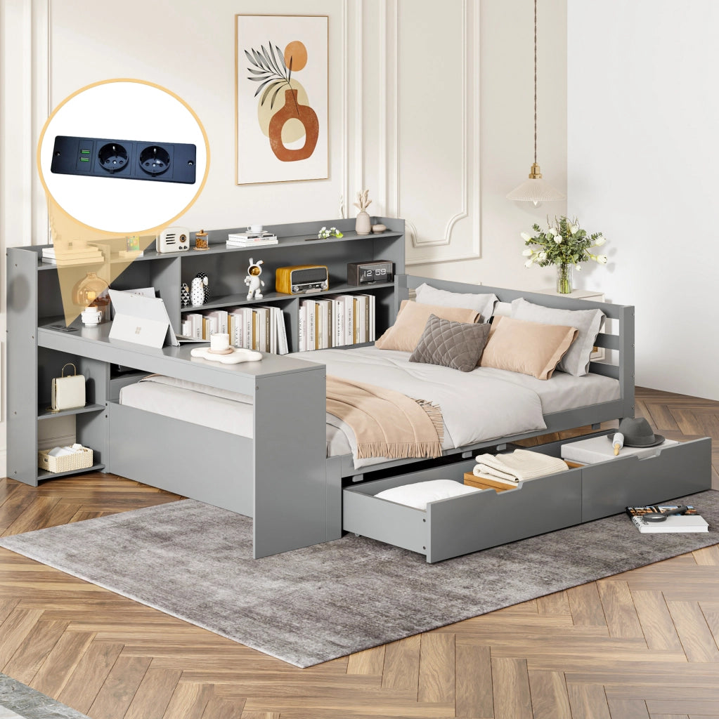 Divano letto multifunzione 140x200 cm con scrivania; libreria; 2 cassetti e prese USB; grigio
