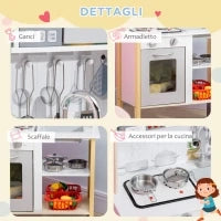 HOMCOM Cucina Giocattolo per Bambini con Altezza Regolabile, Suoni, Luci e Utensili, in MDF e PP, 60x30.5x93.2 cm