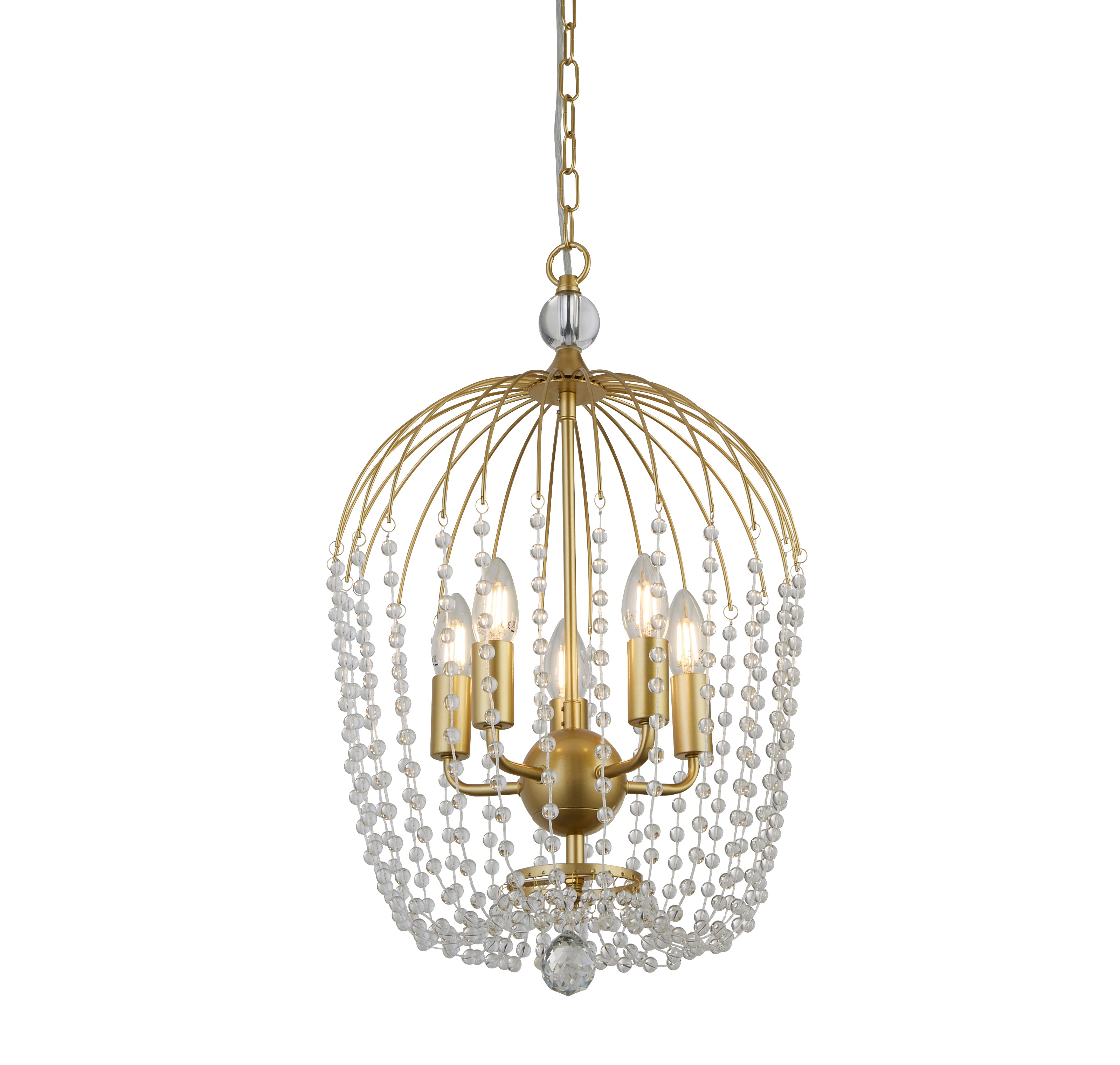 Lampadario Contemporaneo Shower Acciaio Oro Vetro Trasparente 5 Luci E14