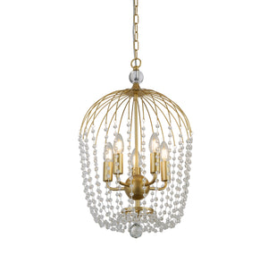 Lampadario Contemporaneo Shower Acciaio Oro Vetro Trasparente 5 Luci E14