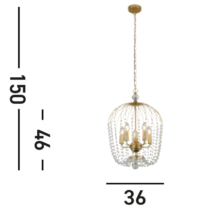 Lampadario Contemporaneo Shower Acciaio Oro Vetro Trasparente 5 Luci E14