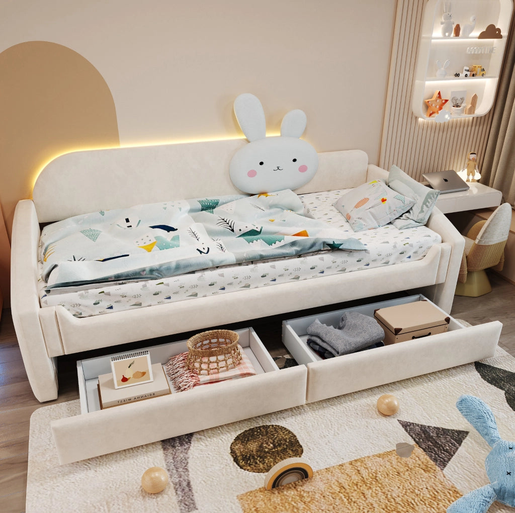 Letto imbottito 90x200 cm con cassetti e LED in velluto beige
