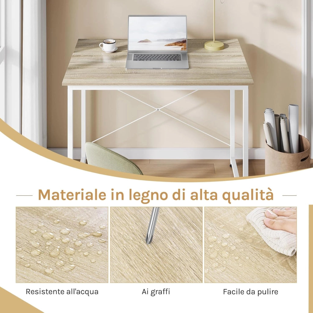 Scrivania Salvaspazio, Tavolo per Computer, Rovere Chiaro + Bianco per Studio, Home Office, Camera da Letto, in Legno e Metallo, 80x60x70 cm
