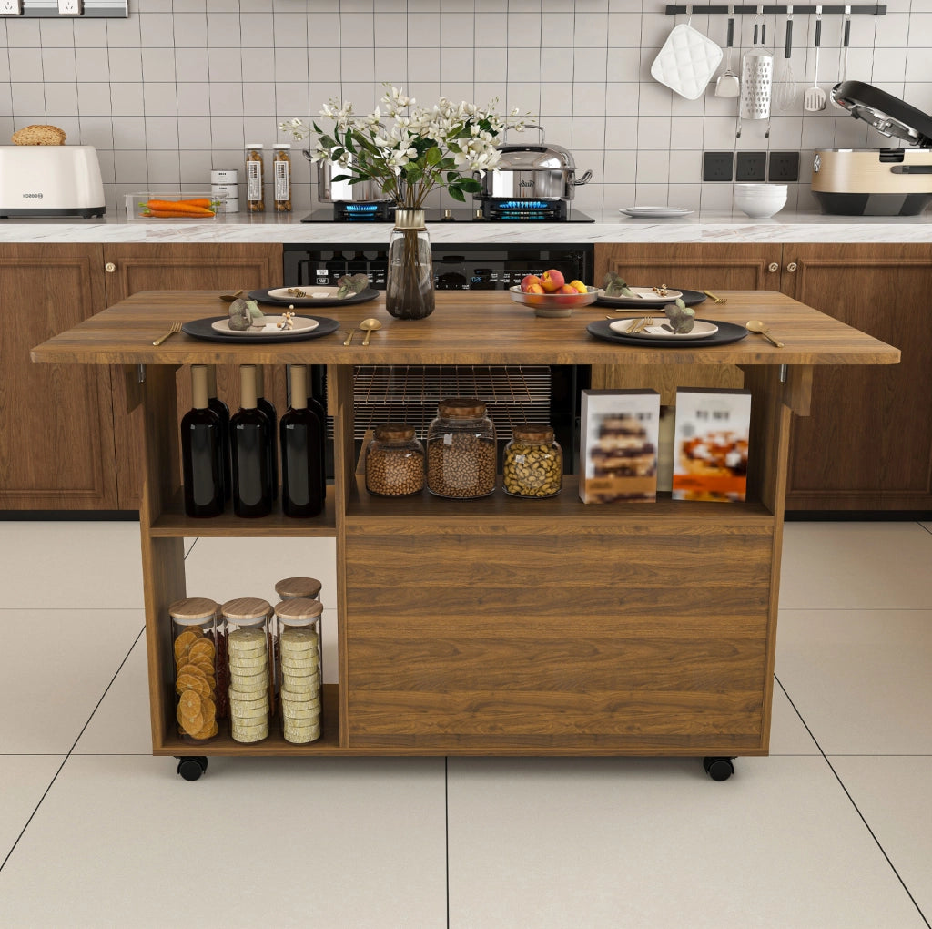 Tavolo pieghevole multifunzione 110x70 cm in MDF effetto noce; con ruote e vani contenitori