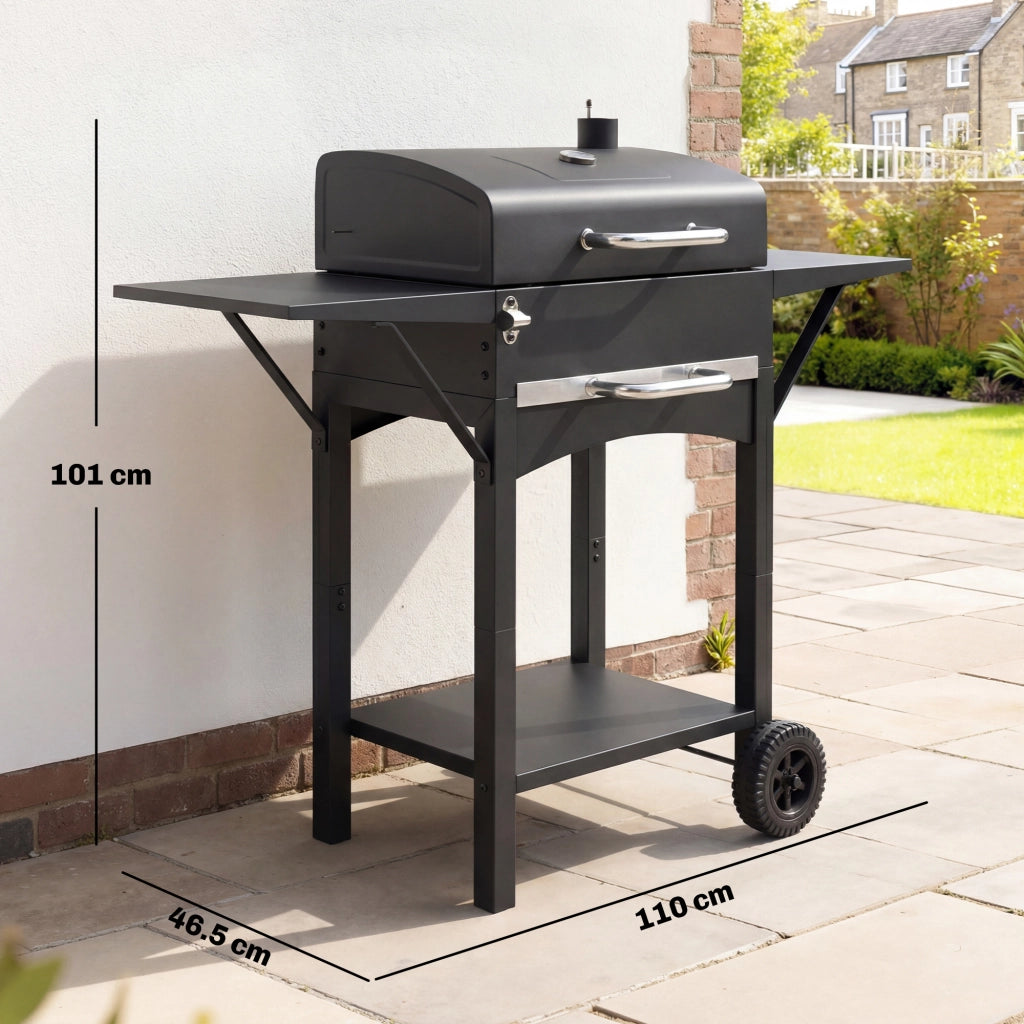 Barbecue a Carbone con 2 Ripiani Laterali, Termometro, Coperchio e Ruote, 110x46.5x101 cm, Nero