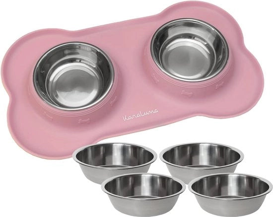 Mat di silicone con ciotola in acciaio inossidabile per gatti e cani, 200 ml, rosa