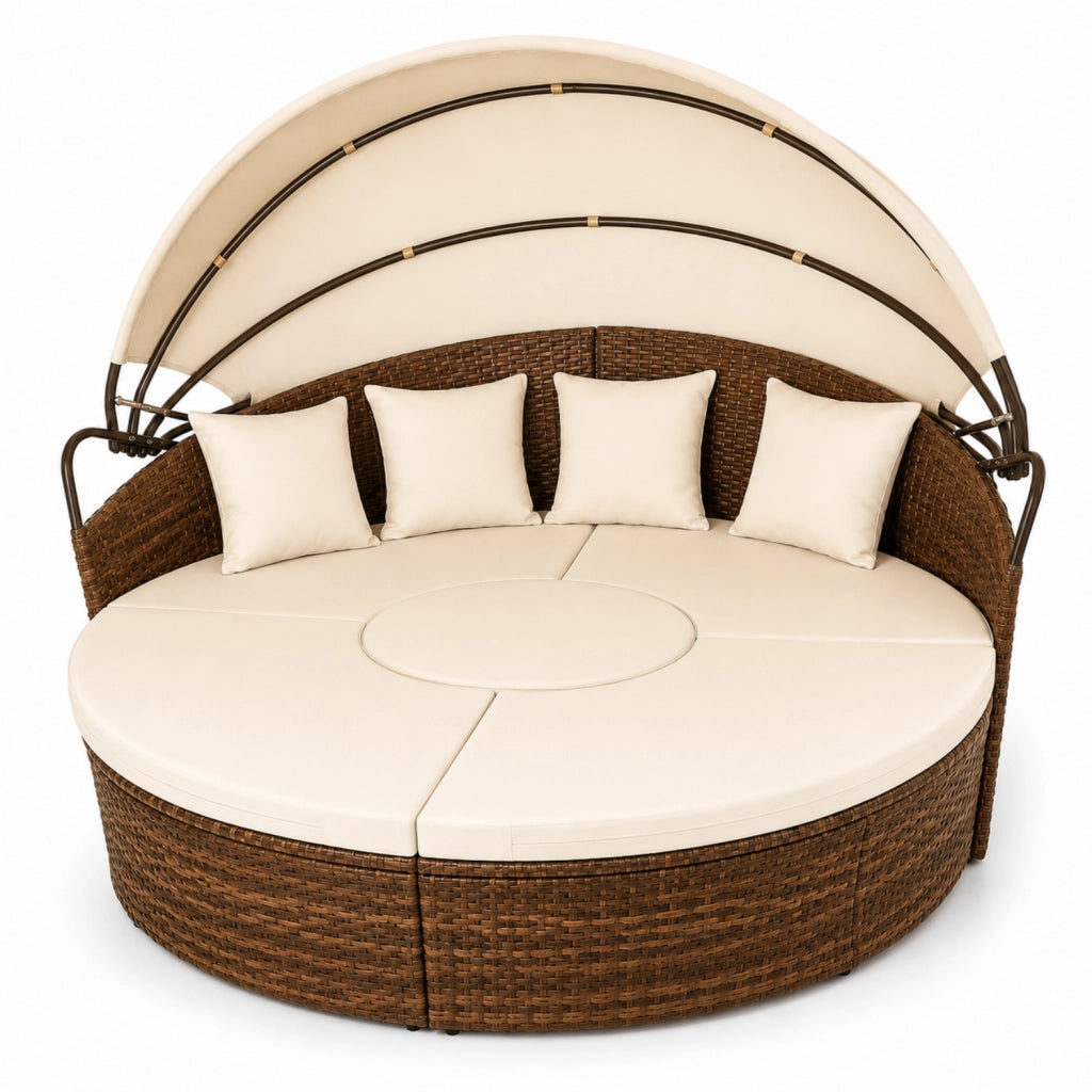 Set Arredo Outdoor Con Isola Prendisole Modulare Con Tavolino Centrale Integrato E Tettuccio Parasole Regolabile E Struttura in Polyrattan Colore Beige e Marrone 180 x 171 x 136 cm