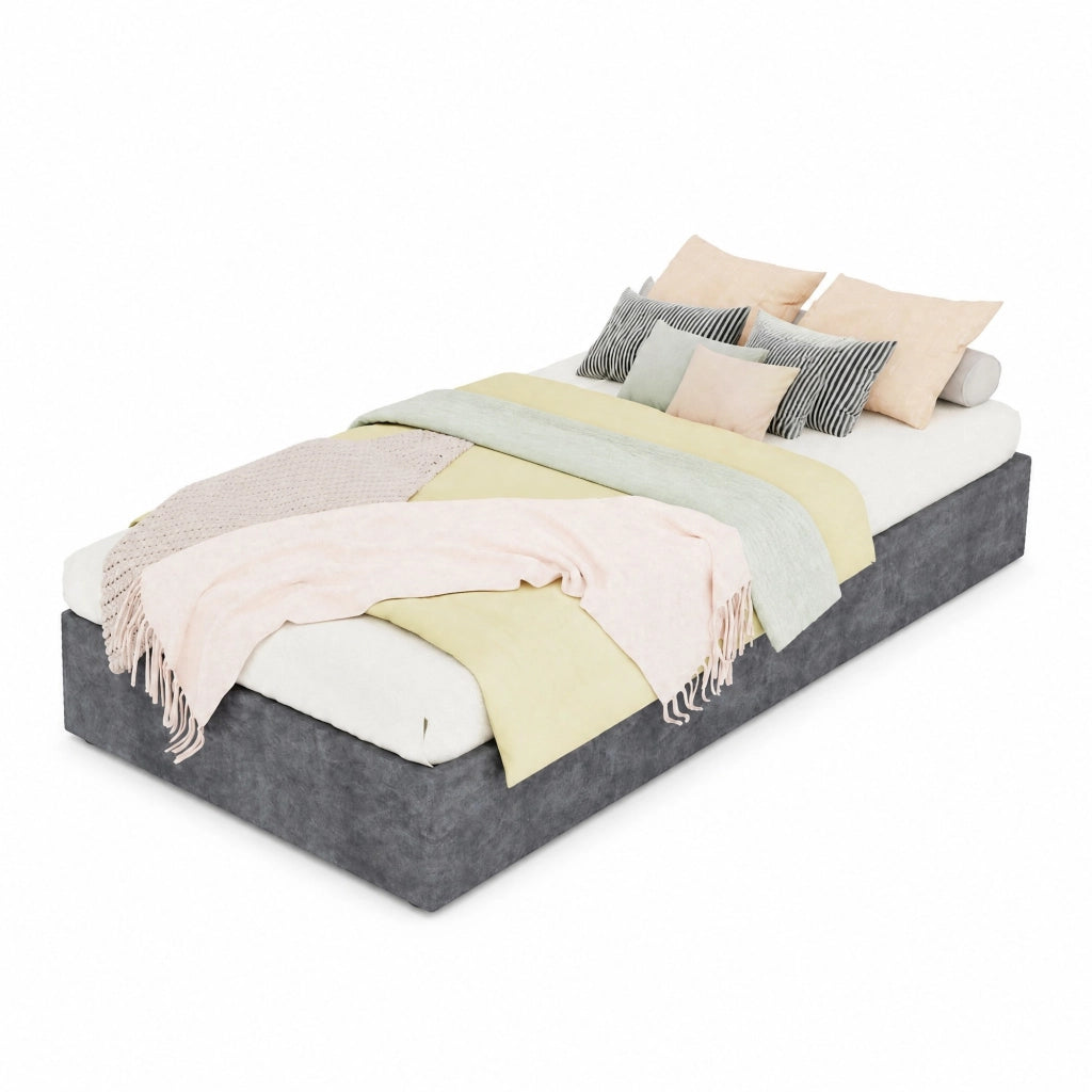 Letto singolo imbottito con contenitore pneumatico 90x200 cm; grigio