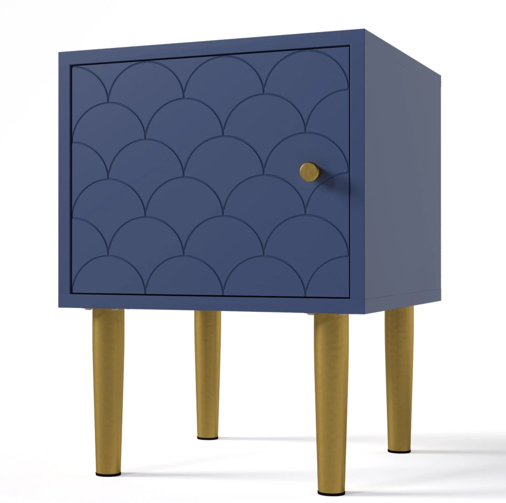 Comodino 35x35x51 cm con motivo a scaglie; chiusura magnetica; truciolare e metallo; blu navy