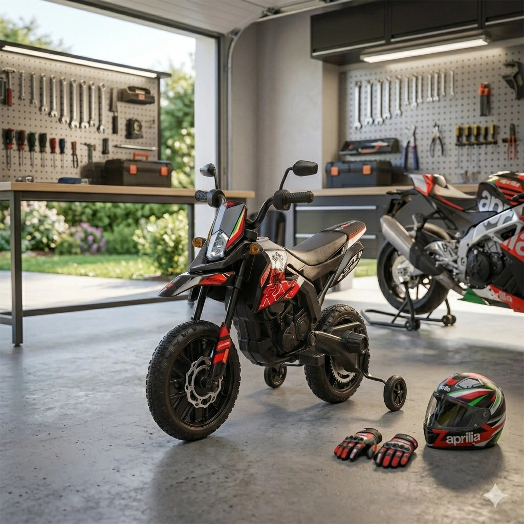 Moto Elettrica per Bambini Aprilia RX-125 Small 12V Cross Sedili In Pelle Luci Led Bluetooth Sospensioni a Molla Rosso