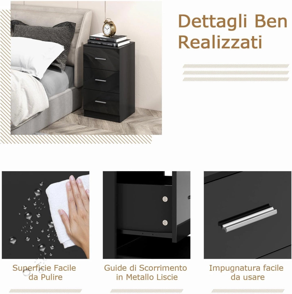 Comodino Camera da Letto 37 x 34 x 66,5cm, Cassettiera in Legno Moderno con 3 Cassetti, Mobile Salvaspazio per Soggiorno, Ufficio e Camerretta (1, Nero)