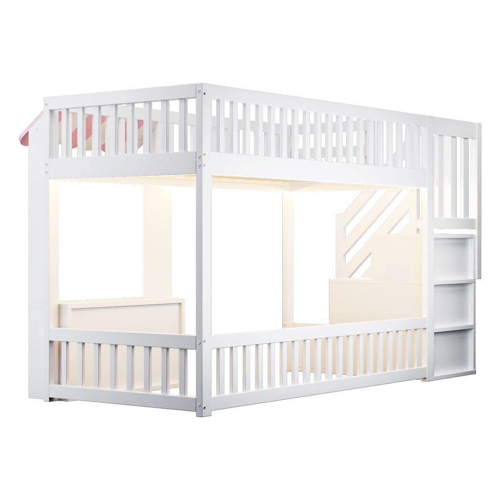 Letto a soppalco 90x200 cm con scala contenitore; LED multicolore; spazio sottostante; rosa e bianco