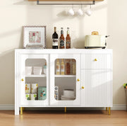 Credenza 116x40x78.5 cm con piano estensibile; ante scorrevoli in vetro; MDF bianco