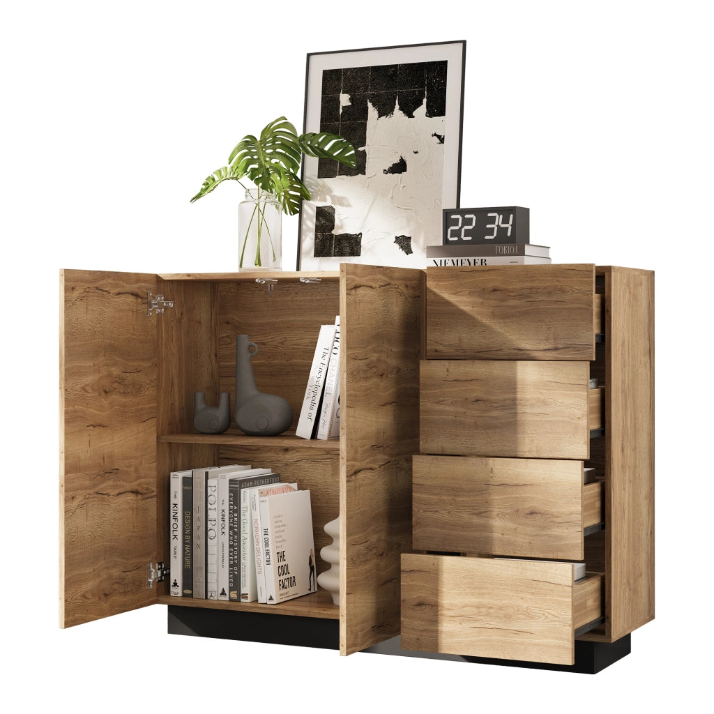 Com¨°, dispensa, credenza - Zephmum - 4 cassetti, 2 ante, nero e tonalit¨¤ naturali, 120x35.5x90.5 cm