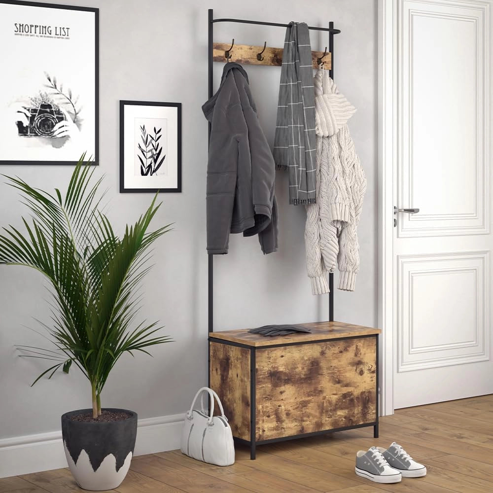 Armadio da ingresso Fyrk, Rovere rustico, 65 x 175 cm, con 9 ganci, combinabile con ripiano per scarpe e superficie d’appoggio