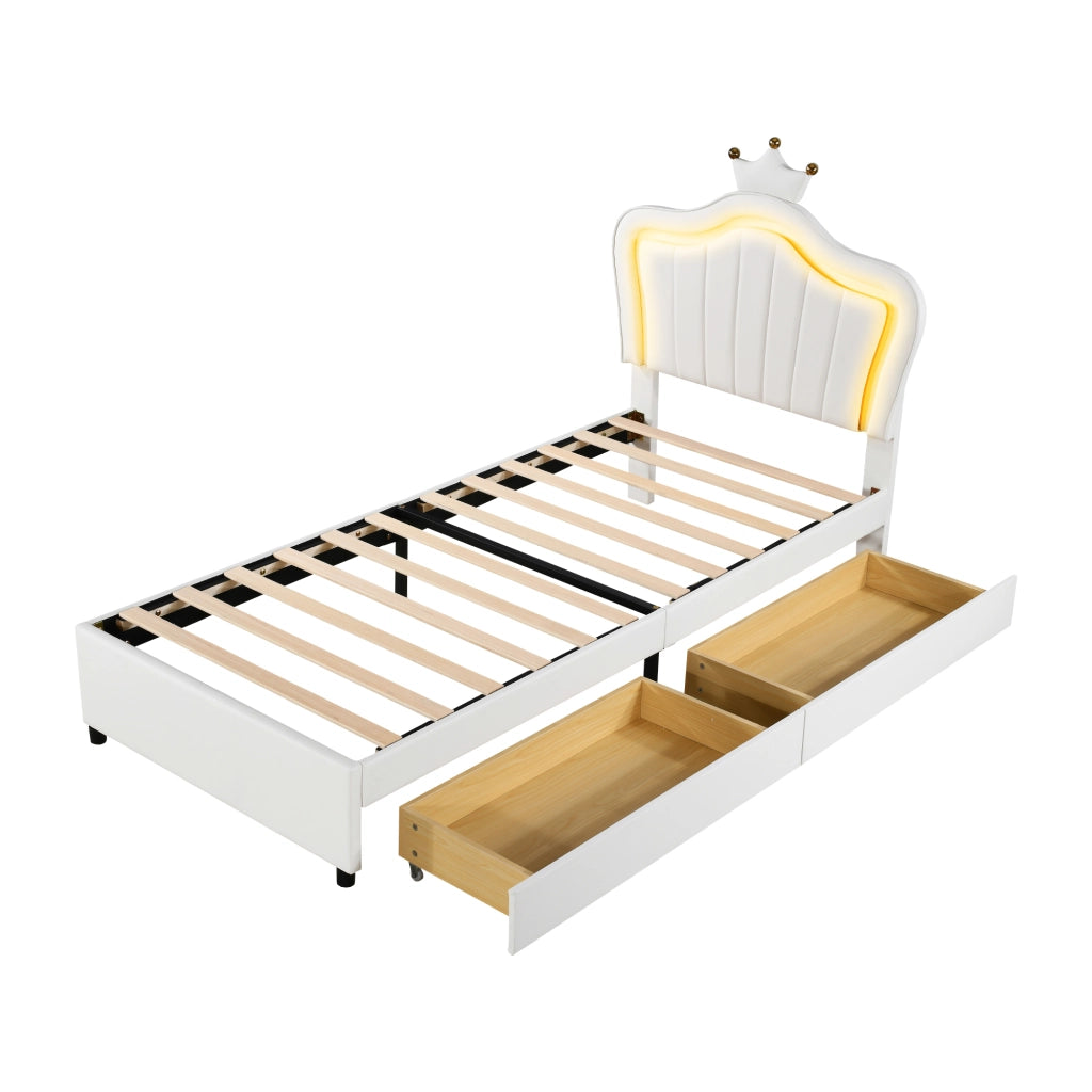 OKWISH Letto Bambino 90×200 cm, Letto Singolo con 2 Cassetti, LED Regolabile e Testiera Regolabile, senza Materasso, PU Bianco