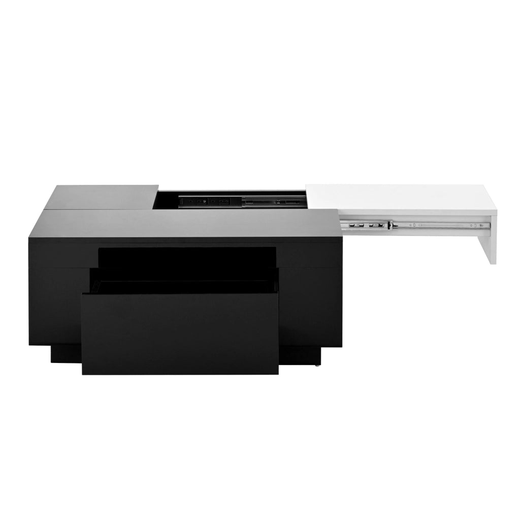 Tavolino da salotto 80x50x35.5 cm con illuminazione LED RGB; piano estraibile; MDF nero e bianco