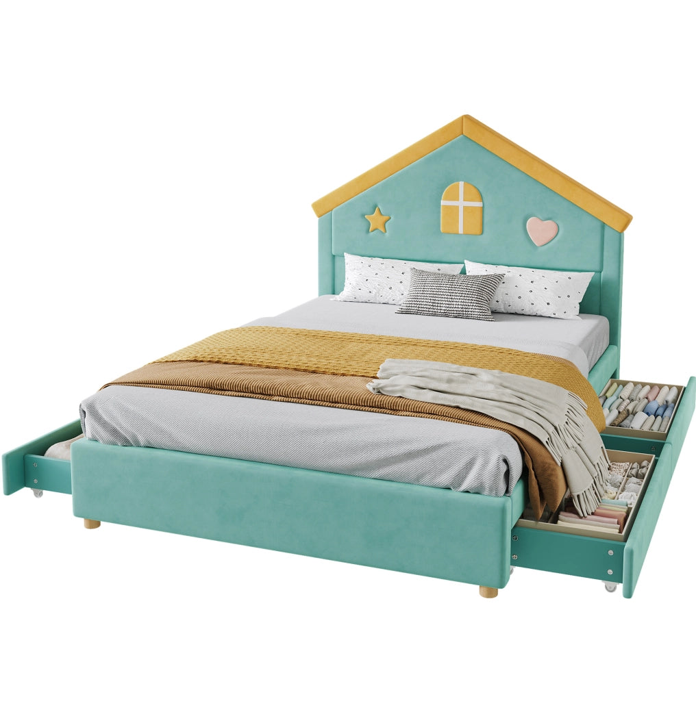 Letto imbottito per bambini a casetta 140x200 cm con 4 cassetti; velluto francese blu-verde