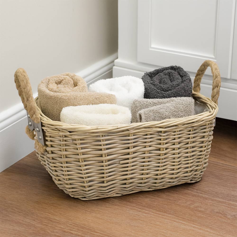 Cesta cestino portapane in vimini avorio con manici in juta cm 45 x 31 x h 19,5