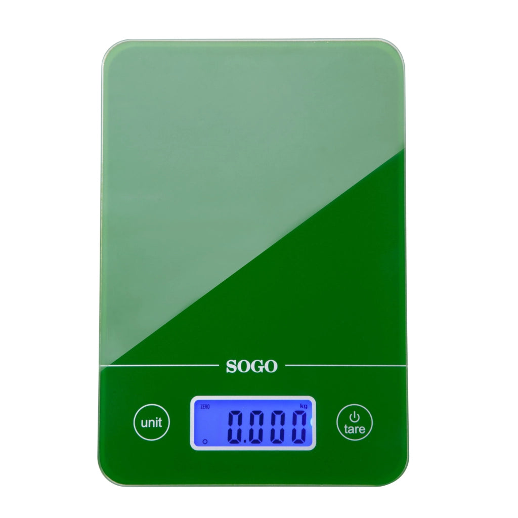 Bilancia da cucina digitale 5kg con display LCD retroilluminato, graduazione 1g, funzioni tara e zero, corpo in vetro colorato - SOGO