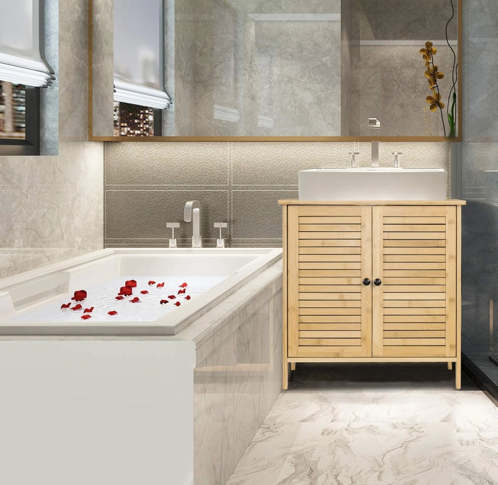 Set di mobili da bagno con armadietto a specchio, per bagno, in bambù, modello 6