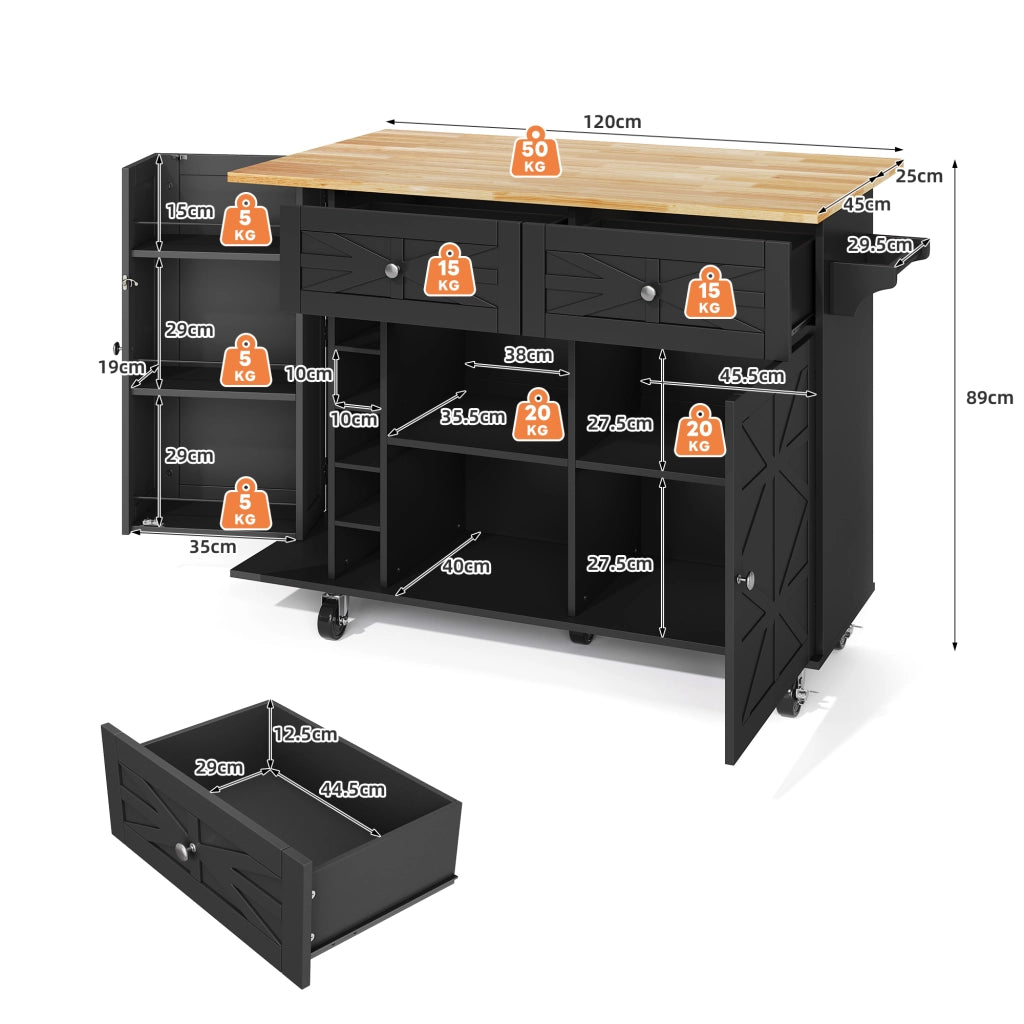 Isola cucina con piano ribaltabile, 1 porta, 2 cassetti, ruote bloccabili, nero, 120 x 45(70) x 89 cm