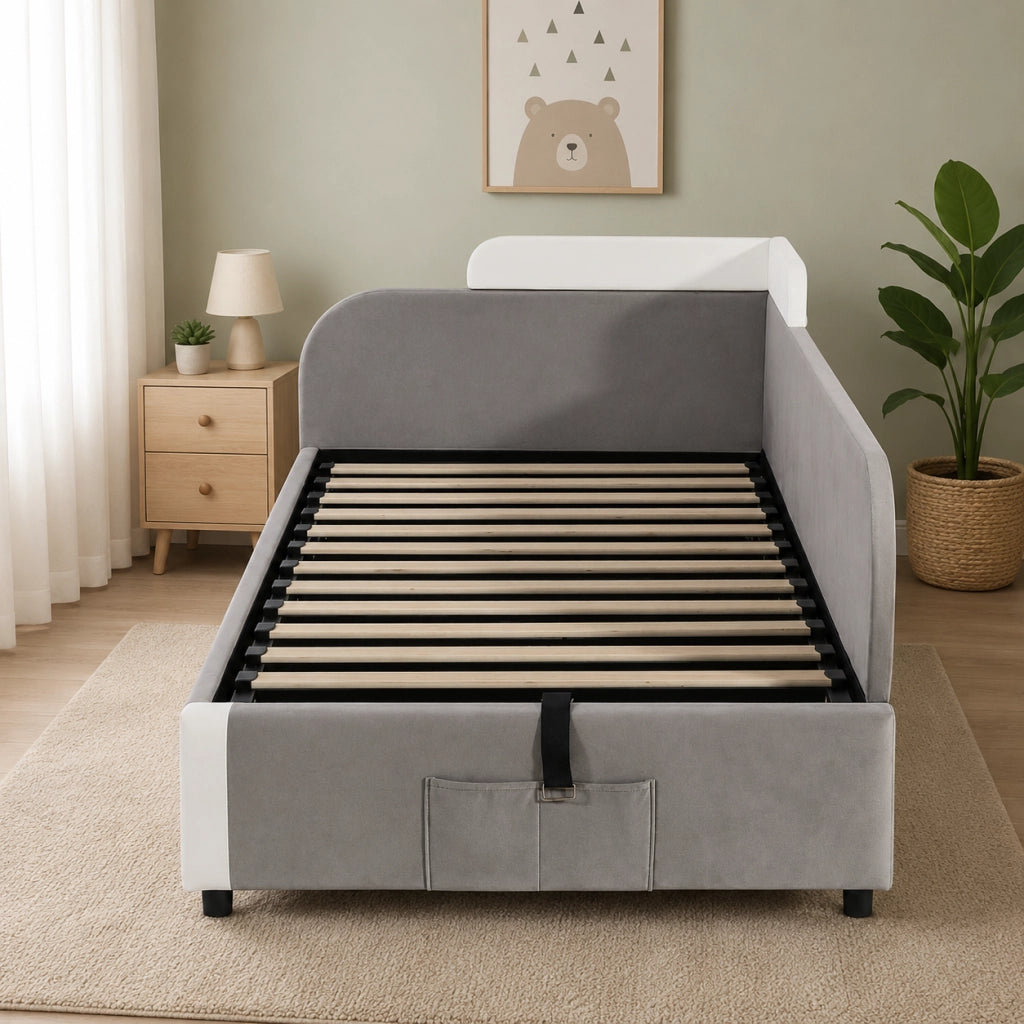 Letto imbottito 90x200 cm con contenitore idraulico in velluto e compensato