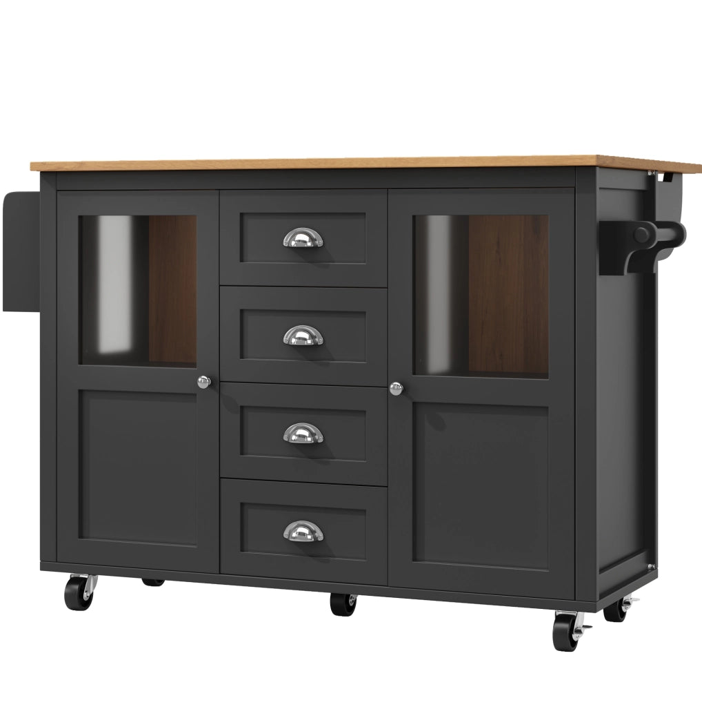 Isola da cucina 137.9x73x92.5 cm pieghevole con ruote in MDF e metallo nera