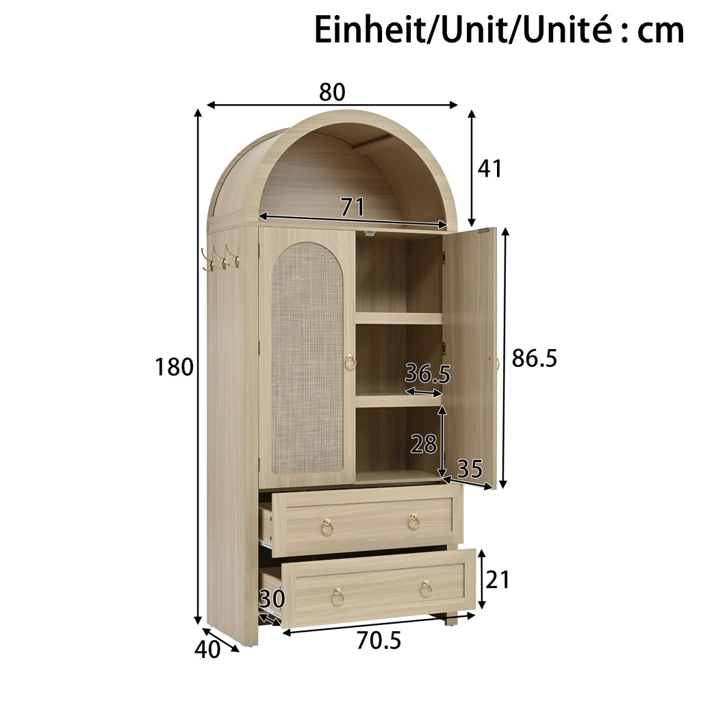 Credenza con 2 Cassetti; Ante in Rattan e Ganci Laterali; Stile Vintage; in MDF; Rovere; 80??40??180 cm