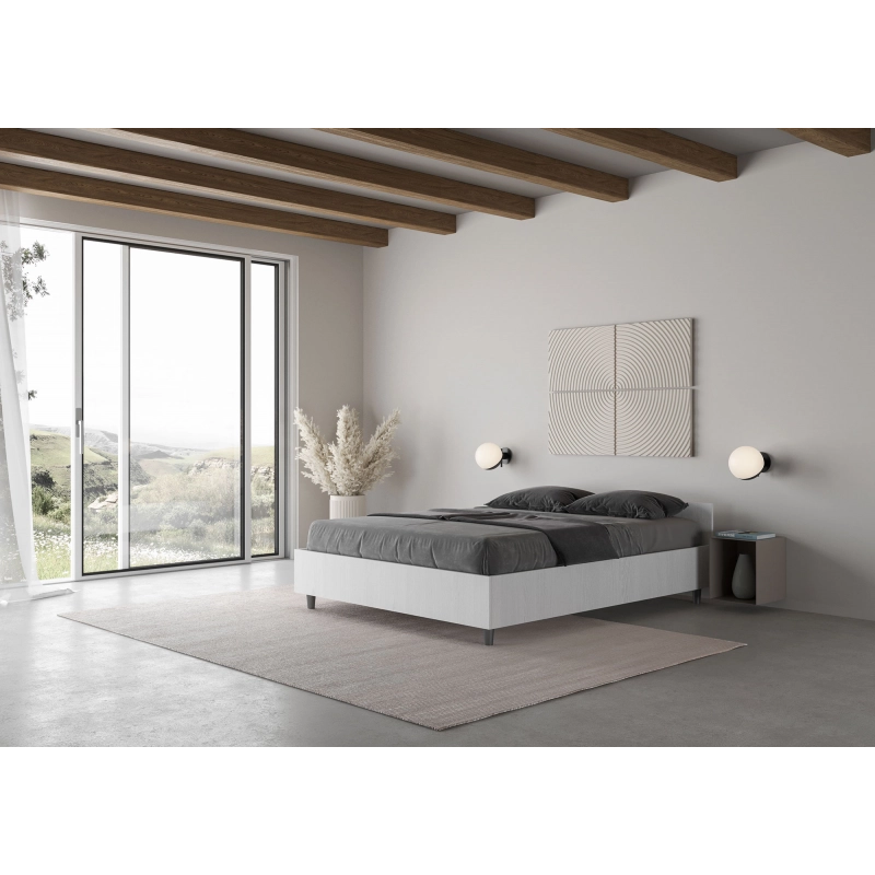 Letto Matrimoniale francese 140x190 cm Nuamo - Con rete,Bianco Frassino