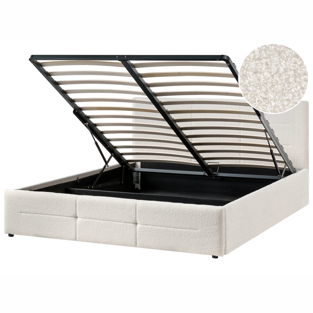 Letto ottomano bianco sporco bouclé 160x200 cm con testiera sollevabile e base a doghe Design moderno