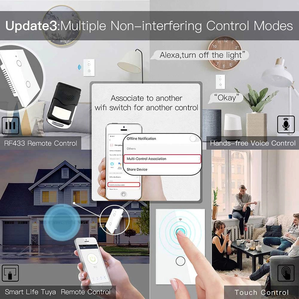 Interruttore Da Parete Touch 2 Tasti, WIFI 2.4G+BLE+RF 433MHz, Bluetooth BLE Mesh, TUYA, Smart Life, 10A, AC 90-250V, 50/60HZ, 120X72X38mm Per Scatola 503, IP20, Bianco, SH9552W