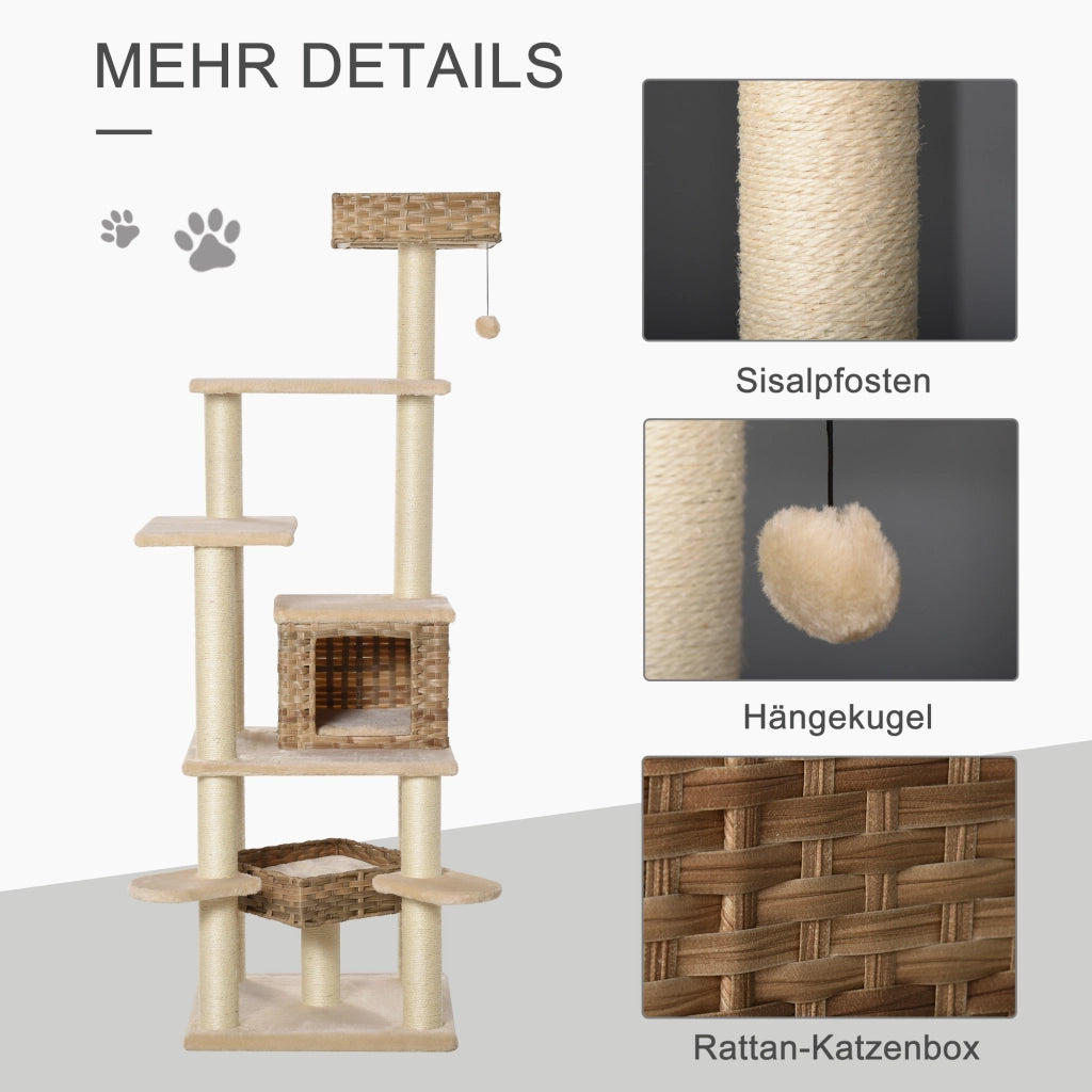 Tiragraffi multilivello con grotta per gatti ¨C Xylo ¨C Rattan beige e marrone 55x55x174 cm