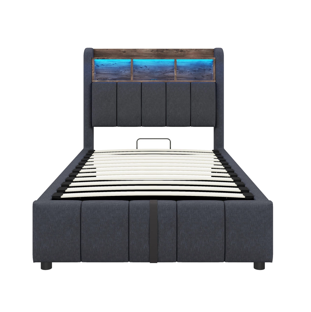 Letto imbottito 90 x 200 cm grigio con LED, USB e vano contenitore