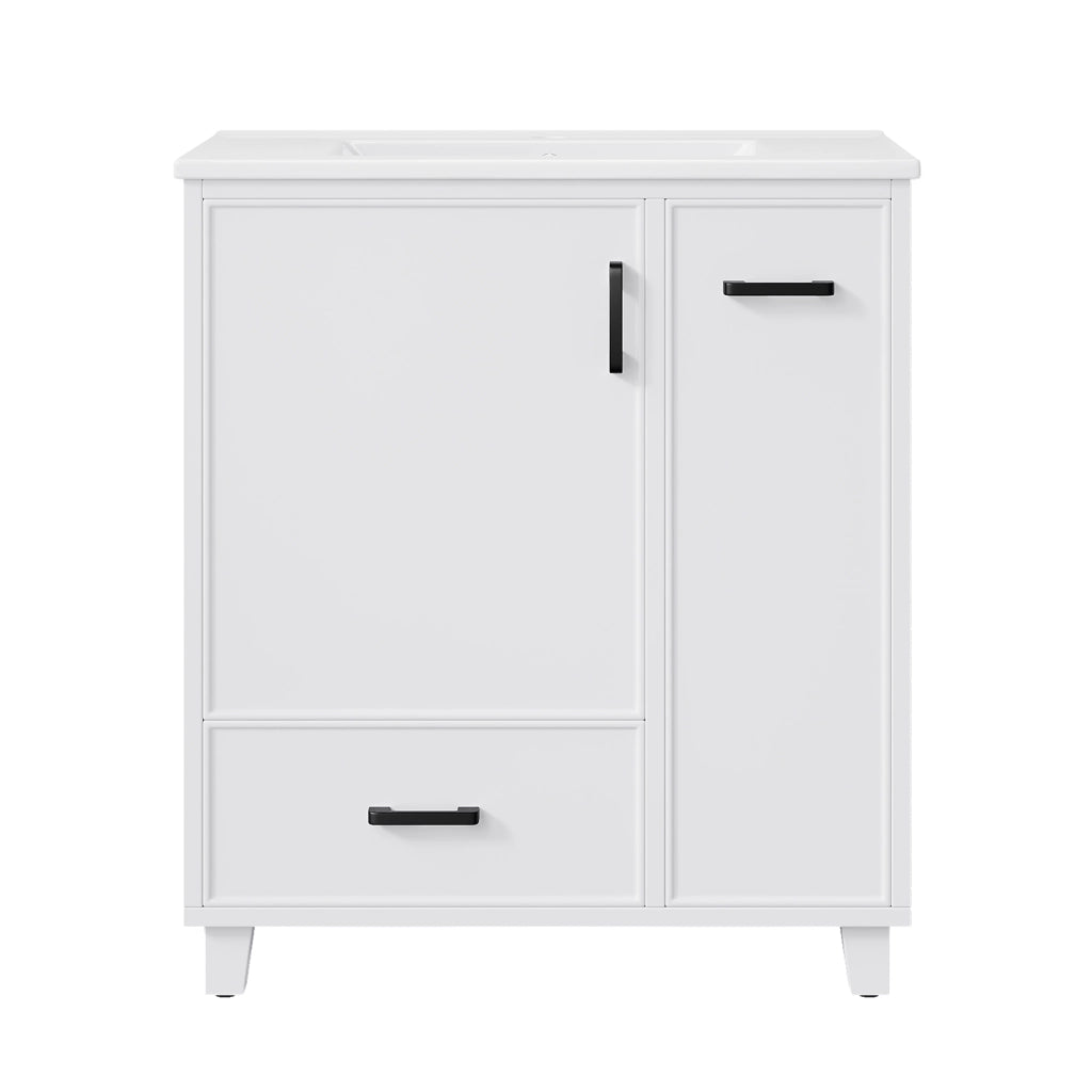 Mobile bagno con lavabo integrato in ceramica 76,5x47x82 cm bianco, 2 cassetti e anta con ripiani interni