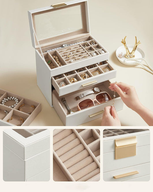 Portagioie Valora bianco con coperchio in vetro e 3 cassetti | pratico da organizzare