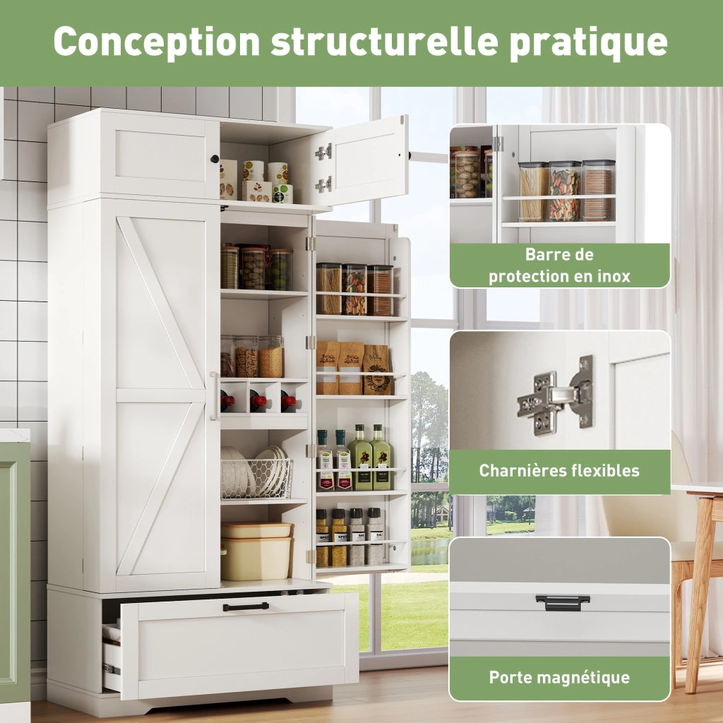 Dispensa alta con ripiani regolabili, 1 cassetto, 7 vani per bottiglie, per cucina e soggiorno, bianco 80 × 40 × 180 cm