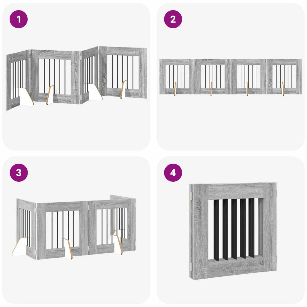 Cancello per cani pieghevole con supporti 4 pcs Grigio Sonoma 892154