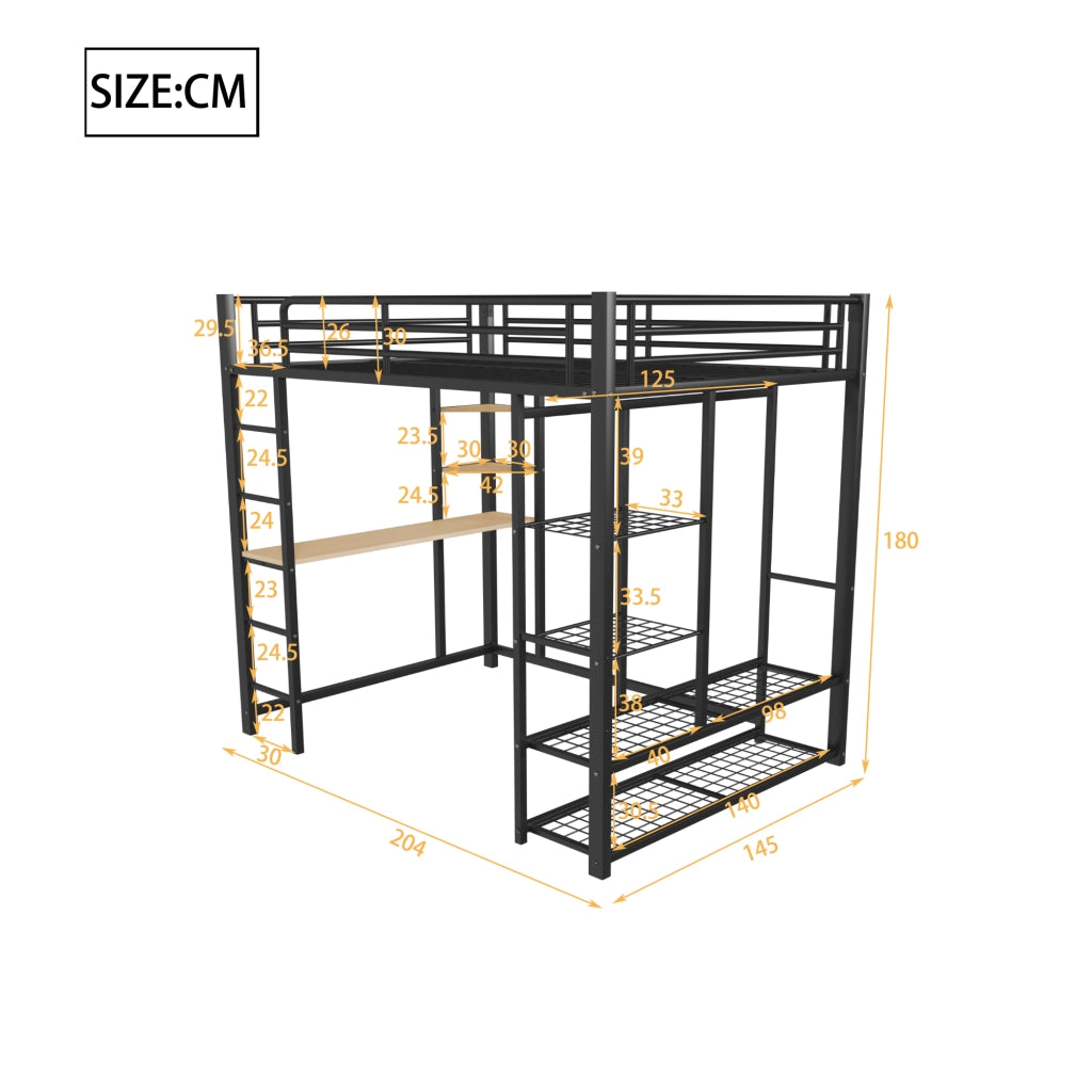 Letto a soppalco in metallo 140x200 cm con scrivania, guardaroba e ripiani, nero