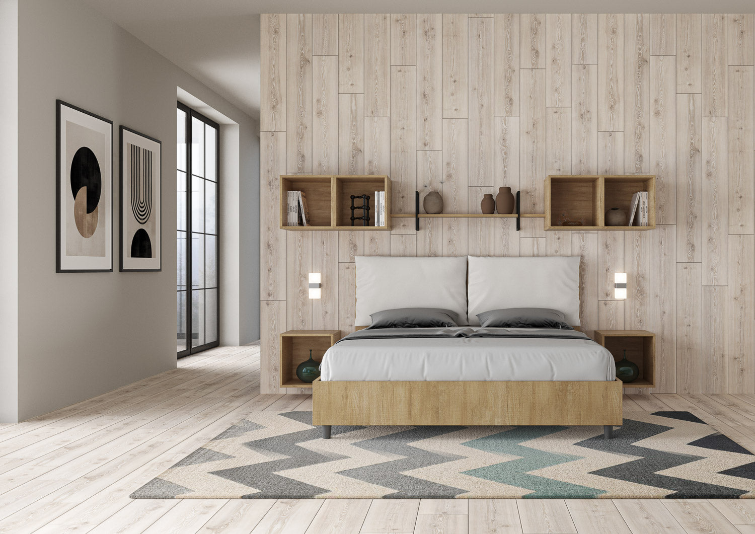 Letto Matrimoniale 160x190 cm con Rete e Contenitore Alzata Comoda Struttura Quercia con Cuscini in Similpelle Egos