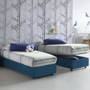 Letto singolo Acetico, Letto contenitore con rivestimento in tessuto, Made in Italy, Apertura frontale, adatto per materasso cm 90x200, Blu