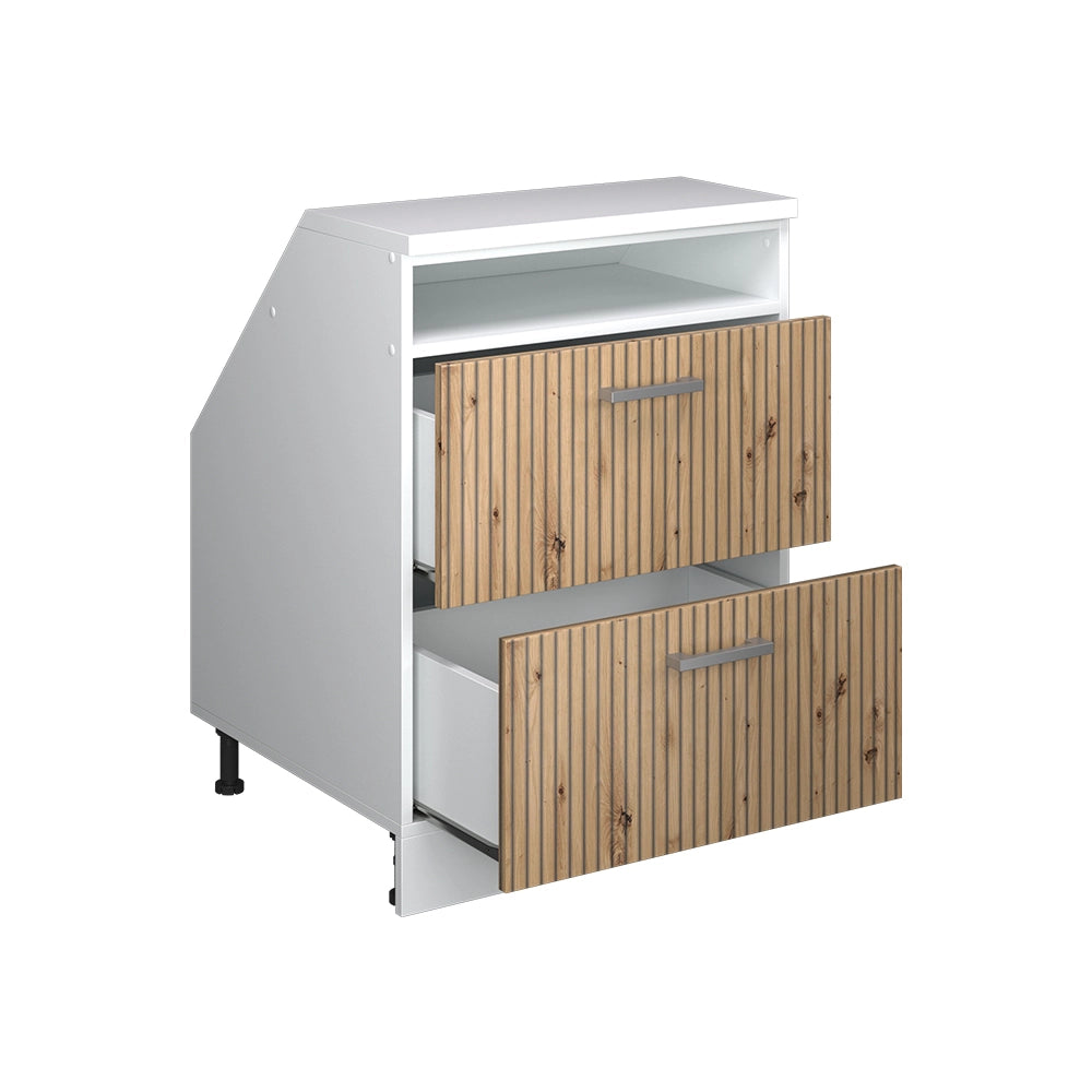Mobile cucina sottotetto R-Line Rovere artigianale/Bianco 60 cm con 2 cassetti, carcassa 60 cm profondità Vicco