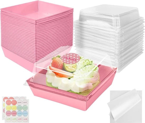 30 confezioni di torte riutilizzabili - 15 cm con coperchi trasparenti - confezioni di charcuterie incluse con carta da forno e adesivi - piatti da asporto per panini, dessert e biscotti (rosa)